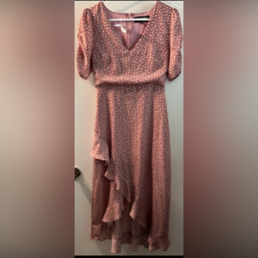 Kittenish Blush Pink Polka Dot High-Low Ruffle Midi Dress Size S